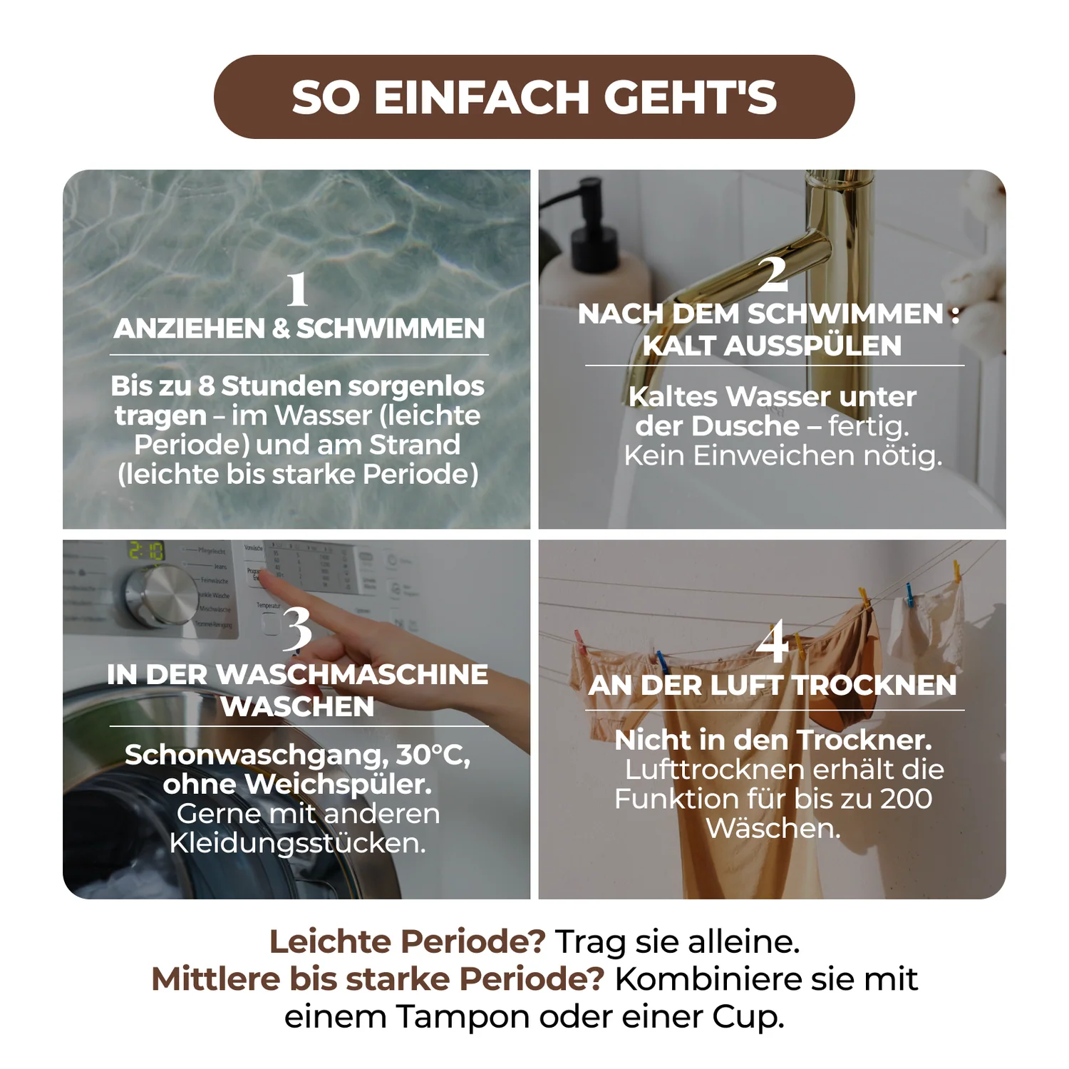 So einfach geht's – Anziehen, ausspülen, waschen, trocknen