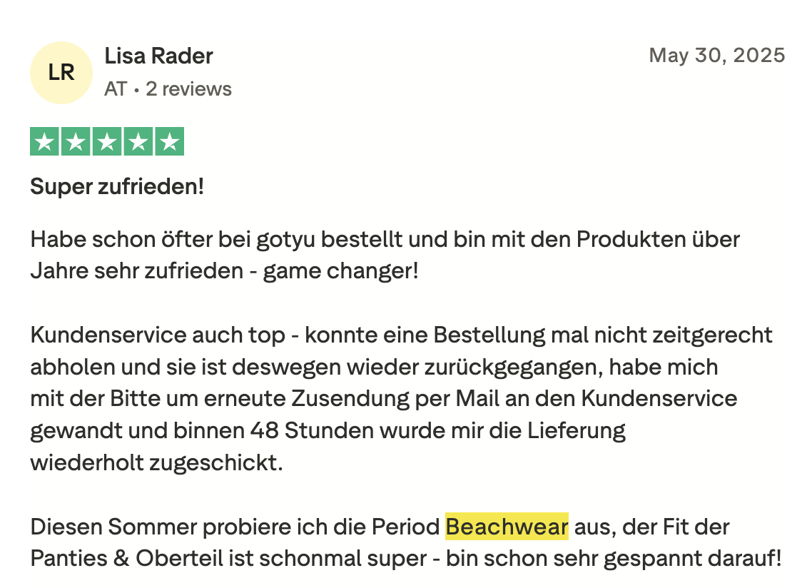 Trustpilot Bewertung von Lisa Rader – 5 Sterne
