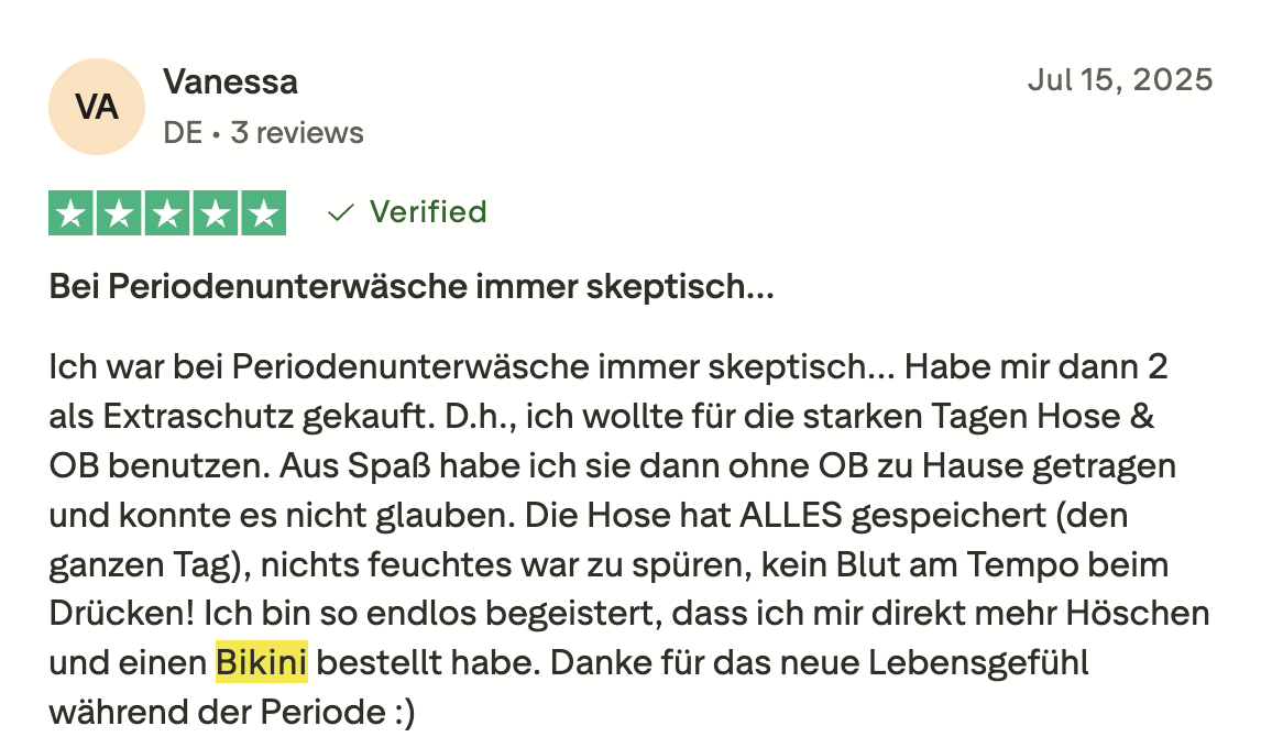 Trustpilot Bewertung von Vanessa – 5 Sterne, verifiziert
